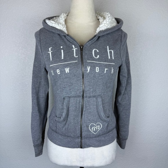 Abercrombie & Fitch Gray Sherpa Lined Zip Up Hoodie Sweatshirt Y2K Cozy Youth - Picture 2 of 8